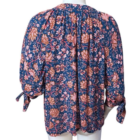 Natalie Martin top floral in shades of blue, pink,brown 3/4 Sleeve tie cuff XS - Picture 3 of 8